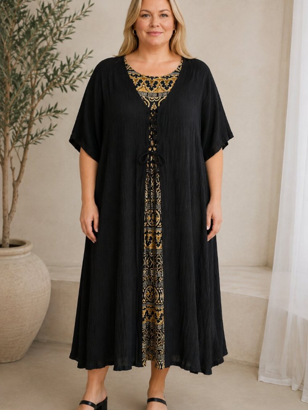 Adrian Jordan Size 16 Black Rayon Lace-Up Maxi Dress Ornate Print